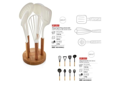 Plastic Service Set with Wooden Handle and Stand