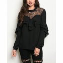 JED Women's Lace Inset Ruffled Long Sleeve Blouse