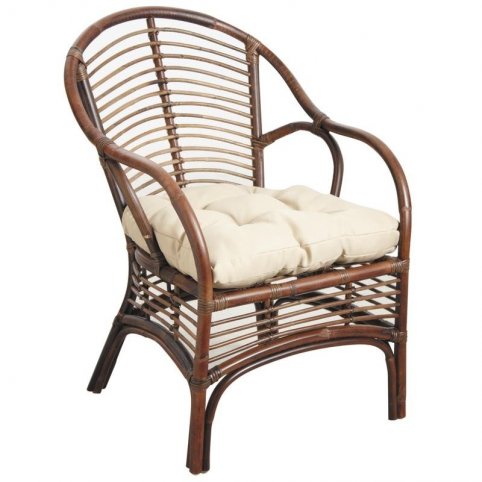 Brown rattan armchair, cushion with non-removable cover (filled with polyester fibre, cotton / polyester cloth).