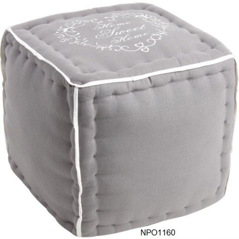 Pouf in gray cotton and linen fabric. Motif Home Sweet Home.