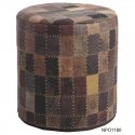 Pouf made from recycled jeans leather labels. Polystyrene interior.