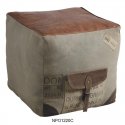 Pouf square in cotton and leather, leather wedges. Garnished polyester fiber.