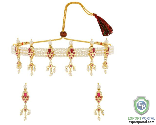 Indian Stylish CZ Faux Pearl Beaded Choker Necklace Earrings Jewelry