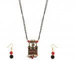 Indian Oxidized Boho Pendant Black Beaded Mangalsutra Earring Set