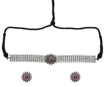 Indian Boho Vintage Oxidized CZ Choker Necklace Earrings Jewelry Set