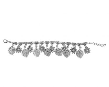 Indian Oxidized Boho Vintage Silver Leaf Floral Charm Link Bracelet