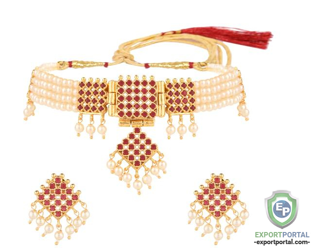 Indian Fashion CZ Faux Pearl Beaded Choker Necklace Earrings Jewelry