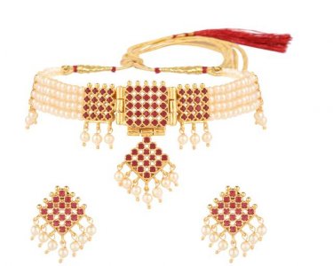 Indian Fashion CZ Faux Pearl Beaded Choker Necklace Earrings Jewelry