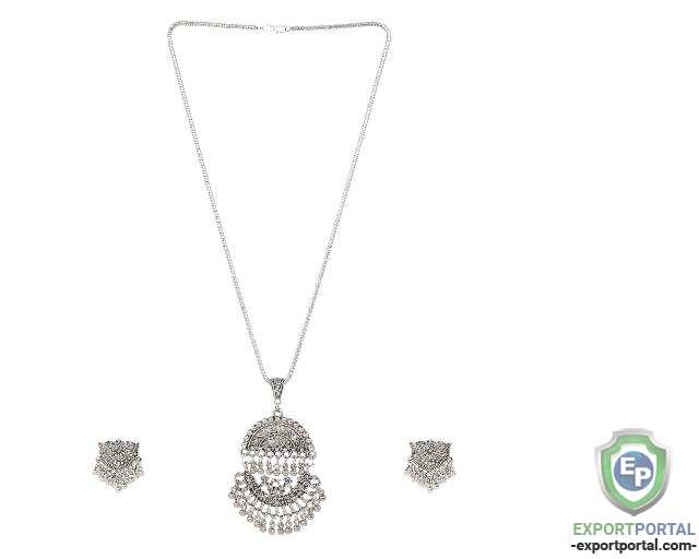 Indian Oxidized Boho Vintage Pendant Chain Necklace Earrings Set