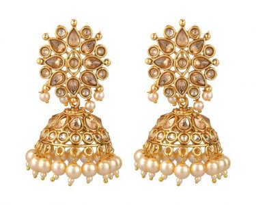 Indian Bollywood Faux Pearl Crystal Kundan Jhumka Dangle Earrings Set