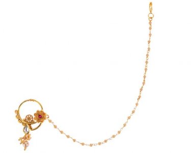 Indian Bollywood Crystal Nose Ring Hoop Pin with Pearl Chain Jewelry